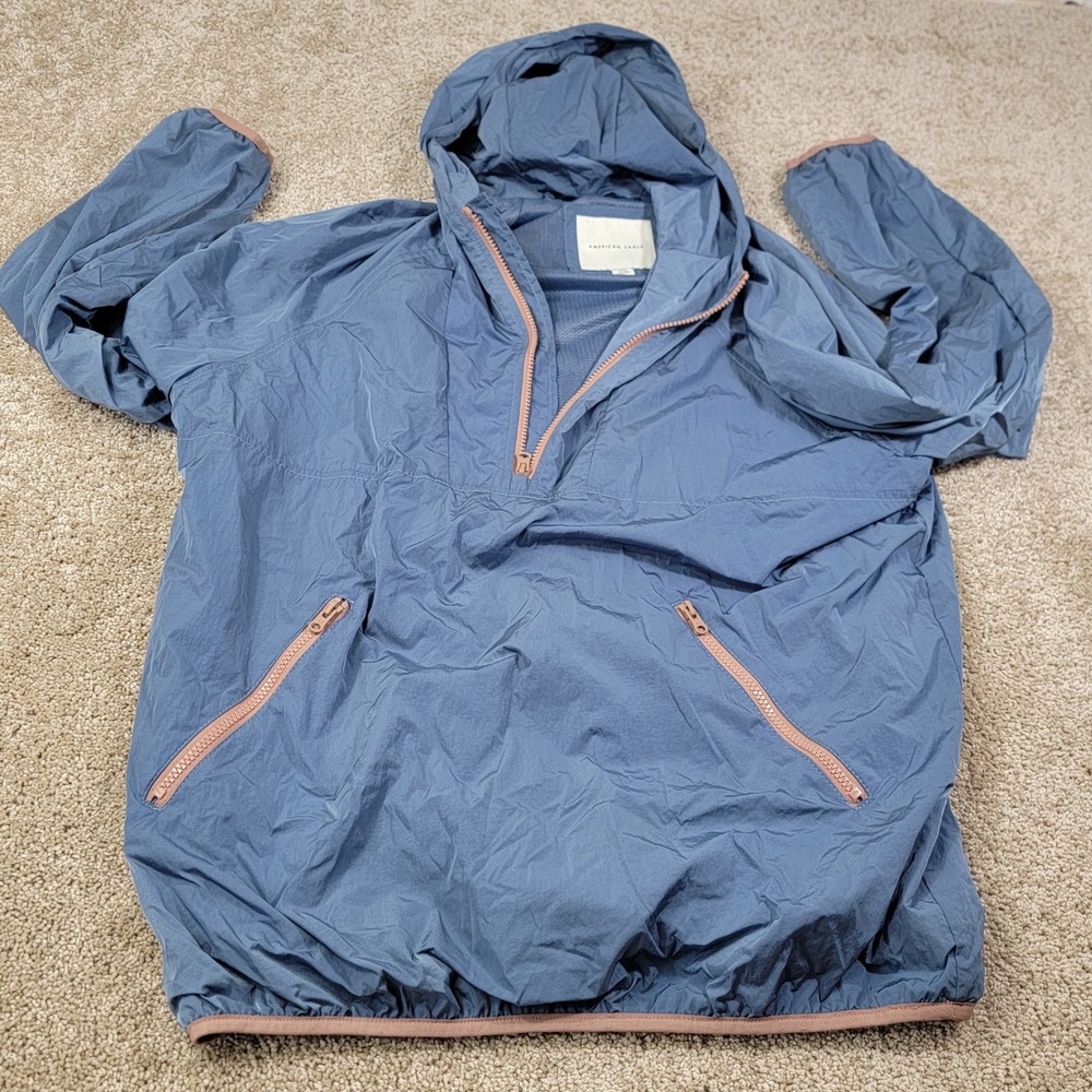 American Eagle Womens Blue Half Zip Hooded Windbreaker Anorak Jacket Sz Small